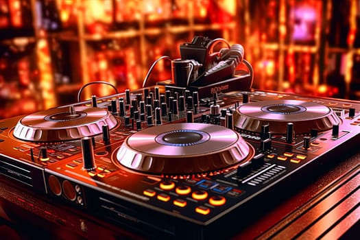 A set of DJ equipment stands against a vibrant orange backdrop, radiating energy and setting the stage for an electrifying performance.