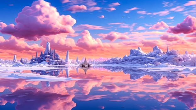 A beautiful, colorful, and serene landscape with a castle in the background. The sky is filled with clouds, and the water is calm and reflective. Concept of peace and tranquility, with the castle