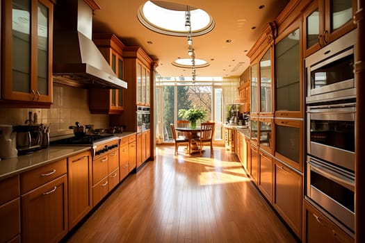 A large kitchen with a curved counter and a stainless steel refrigerator. The kitchen is well lit and has a modern, sleek design