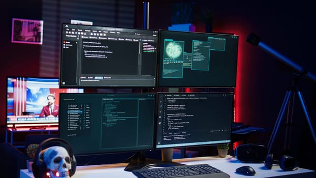 Script running on computer in secret base of operations used by hacker to steal data. Programming language on screen in empty room used by cybercriminal, attacking firewalls