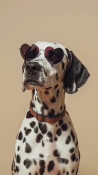 Dalmatian dog wearing heart-shaped sunglasses.