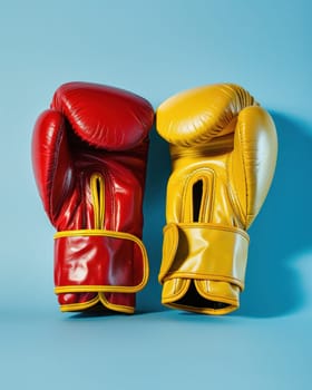 Pair of red boxing gloves on blue background for sports and fitness concept with copy space