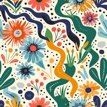 A colorful floral pattern with a green snake in the middle. The flowers are in various colors and sizes, and the snake is winding its way through the flowers. Scene is playful and whimsical