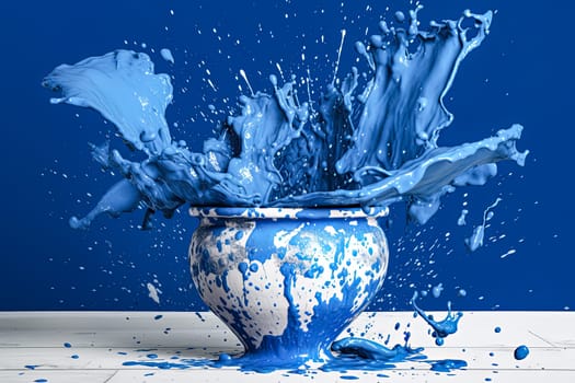 A blue vase with white splatters of paint on it. The vase is placed on a table