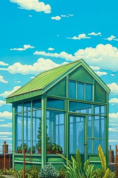 A small green house with a glass roof and a door. The house is surrounded by potted plants