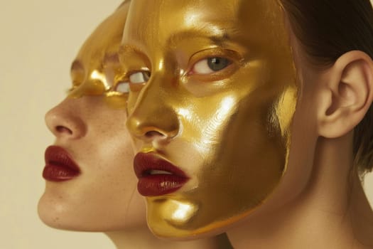 Beauty and glamour two women wearing gold foil masks with red and gold lipstick, fashion and style concept