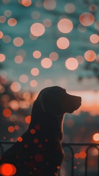 A peaceful dog sits in silhouette with a backdrop of warm, glowing bokeh lights under a dusky sky, suggesting a calm evening moment - Generative AI