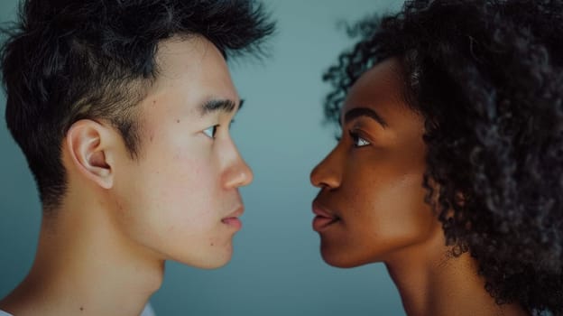 Asian man and woman in intense eye contact connection and understanding in cultural exchange and business meetings