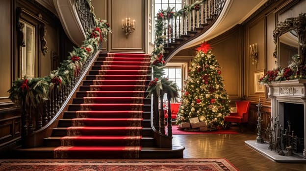 Christmas at the manor, grand entrance hall with staircase and Christmas tree, English countryside decoration and festive interior decor