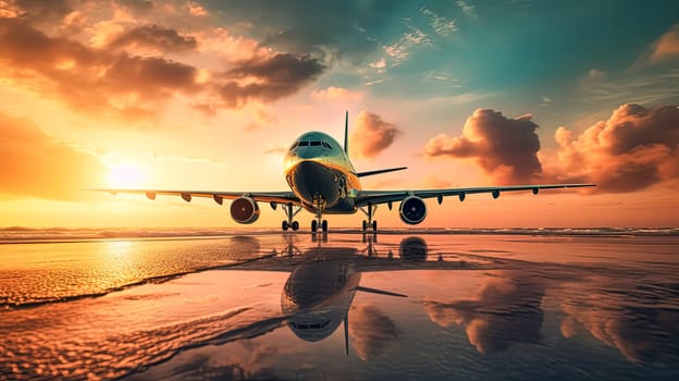 A large jetliner is sitting on the runway at sunset. The sky is filled with clouds, creating a moody atmosphere. The reflection of the plane in the water adds to the serene and peaceful setting