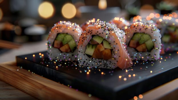 Close-up of festive sushi rolls with vegetables and bokeh lights, food presentation. Japanese cuisine celebration concept.