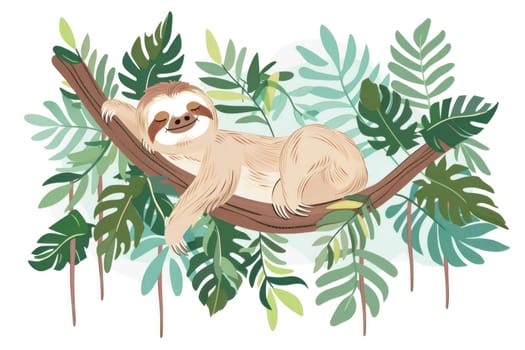 Tropical sloth relaxing on tree branch surrounded by lush greenery and leaves in exotic jungle paradise