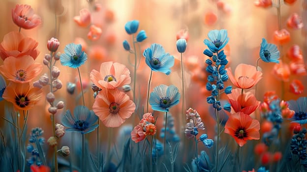 Colorful meadow with blue and orange flowers at sunrise, vibrant nature scene. Spring bloom and tranquility concept.