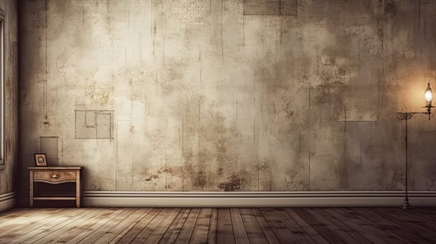 A room with a wooden table and a bench in the middle of it. The room is empty and has a very simple and minimalistic design