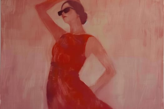 Fashion statement woman in red dress and sunglasses posing with elegance and style in artistic painting