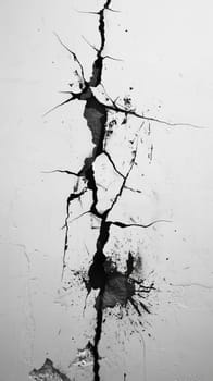 Cracked white wall with black paint splatters, detailed texture. Art and decay concept.