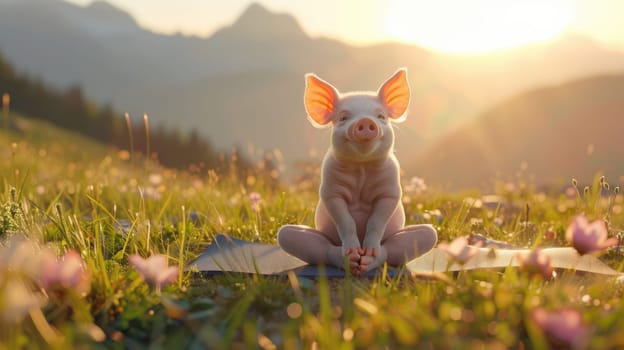 A little pig in a yoga, Adorable pig doing yoga with nature sunset background.