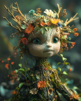 Illustration, cartoon, for children forest spirit in the forest. Selective focus.