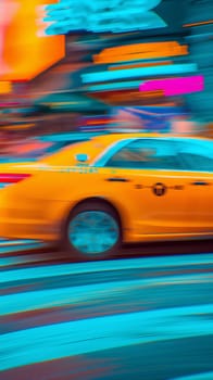 A streak of vivid colors captures the dynamic motion of a yellow cab rapidly moving through a bustling city street at night - Generative AI