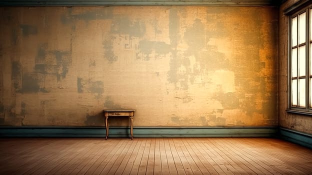 A room with a wooden table and a bench in the middle of it. The room is empty and has a very simple and minimalistic design