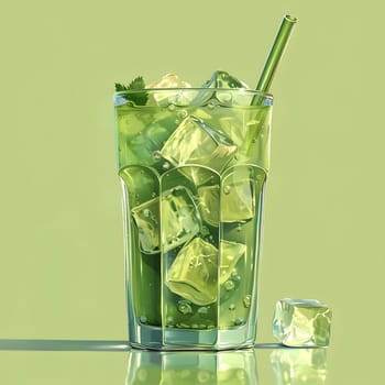 A refreshing drink served in a glass with ice cubes, a green straw, and made with a green liquid that resembles the color of lush grass. Perfect for any event