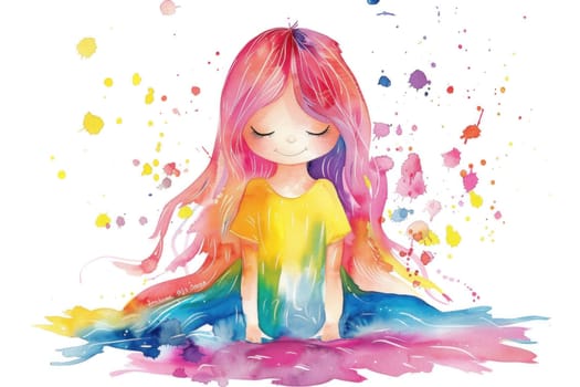 Colorful watercolor art illustration of a beautiful girl immersed in a pile of paint splatters