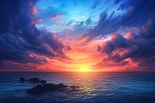 A beautiful sunset over the ocean with a few clouds in the sky. The sky is a mix of blue and pink colors