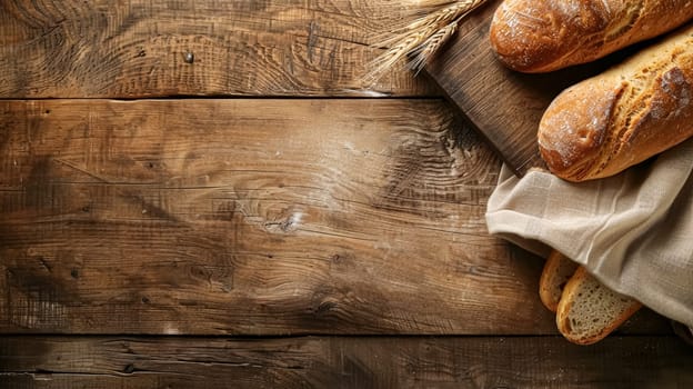 Bakery with freshly baked bread, variety of bread loaves, rolls, and baguettes displayed in baskets and on wooden shelves in the English countryside village