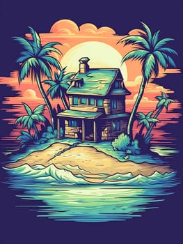 A house is on a small island in the ocean. The house is surrounded by palm trees. The sky is orange and the water is blue