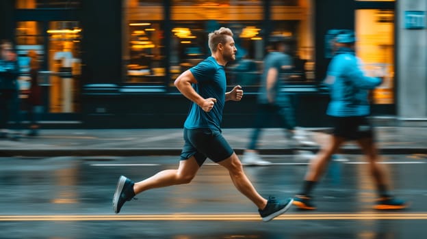 A focused man in a blue shirt runs along a city street, with the backdrop of a glowing storefront and a blur of motion, capturing the essence of an evening workout - Generative AI