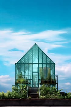 A small green house with a glass roof and a door. The house is surrounded by potted plants