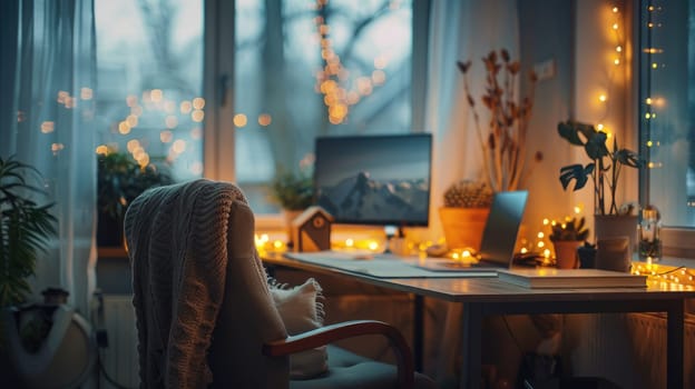 A peaceful home office space featuring a cozy chair and a tidy desk, and bokeh lights adding a touch of warmth.