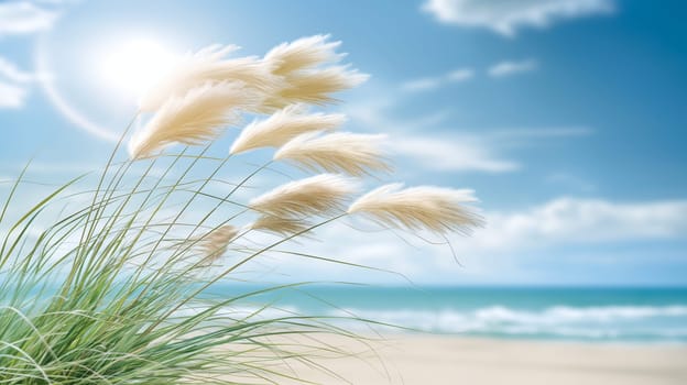 Sea oats sway gently in a soft breeze against a backdrop of a clear blue sky, bright sun, and a serene beach coastline in the distance - Generative AI