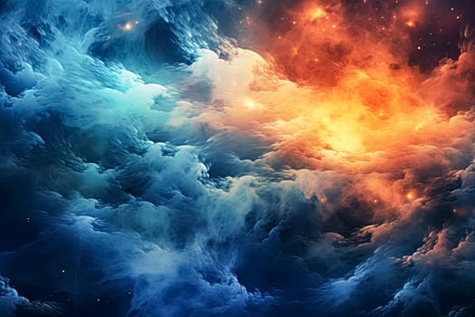 A colorful space scene with blue, red, and yellow clouds. The sky is filled with stars and the clouds are illuminated by the light of the stars. Scene is one of wonder