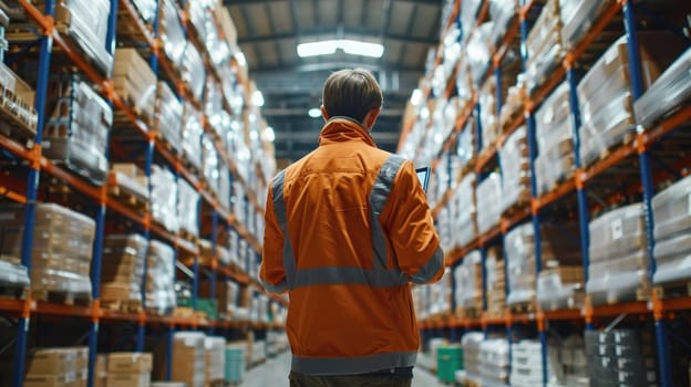 An employee in a large warehouse environment, efficiently managing inventory with a tablet.