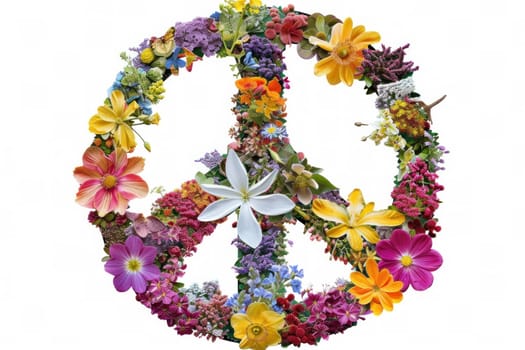 Floral peace sign with peace and love words on white background symbolizing peace and love with flowers for art and decoration