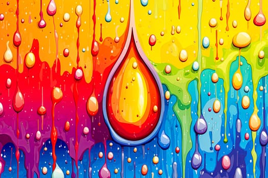 A rainbow with drops of water on it. The drops are of different colors, creating a vibrant and lively atmosphere