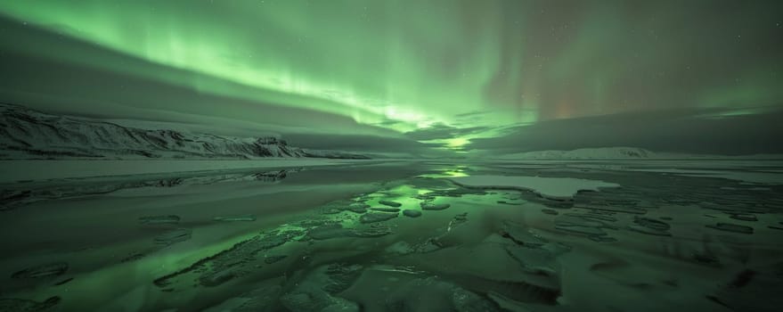 Northern lights illuminating the frozen landscape with reflection on icy water. Natural phenomenon and winter beauty concept.