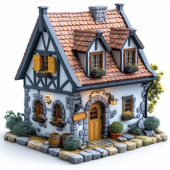 Detailed 3D model of a house with a complex wooden frame. Selective soft focus.