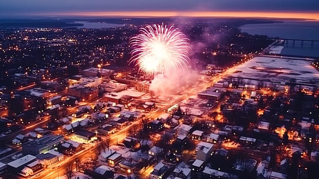 A city is lit up with fireworks and the sky is filled with bright colors. Scene is festive and celebratory