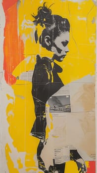 A stylized black silhouette of a woman stands out against a yellow and red painted background, adorned with newspaper clippings - Generative AI