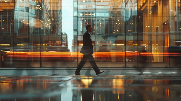 A businessperson walking alongside a glass-walled office building, with reflections and moving to the urban.