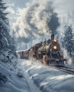 The locomotive rushes along snow-covered rails. Selective focus