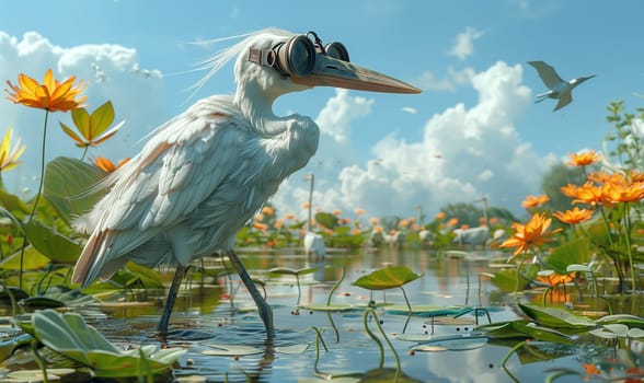 3D cartoon, a heron wearing big glasses walks through a swamp. Selective focus