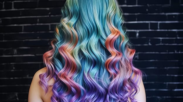 A woman with long, colorful hair. The hair is a mix of blue, purple, and pink