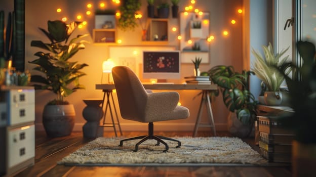 Serene Home Office with Cozy Chair and Warm Bokeh Lights for Productivity and Relaxation.