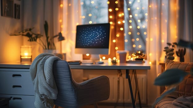 A peaceful home office space featuring a cozy chair and a tidy desk, and bokeh lights adding a touch of warmth.