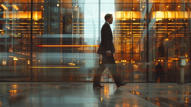 A businessperson walking alongside a glass-walled office building, with reflections and moving to the urban.