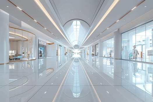 A large, empty shopping mall with a white ceiling and white walls. The mall is empty and has no people in it