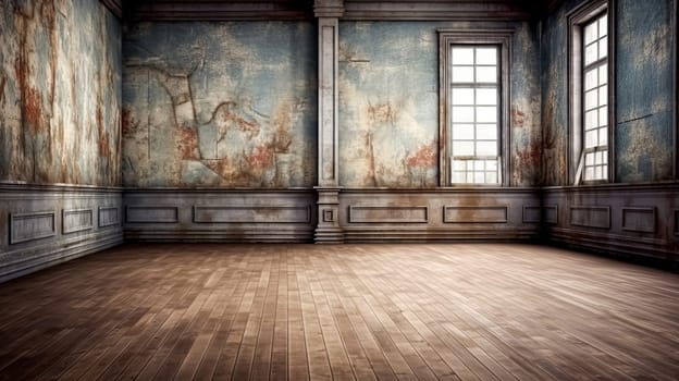 A room with a wooden table and a bench in the middle of it. The room is empty and has a very simple and minimalistic design